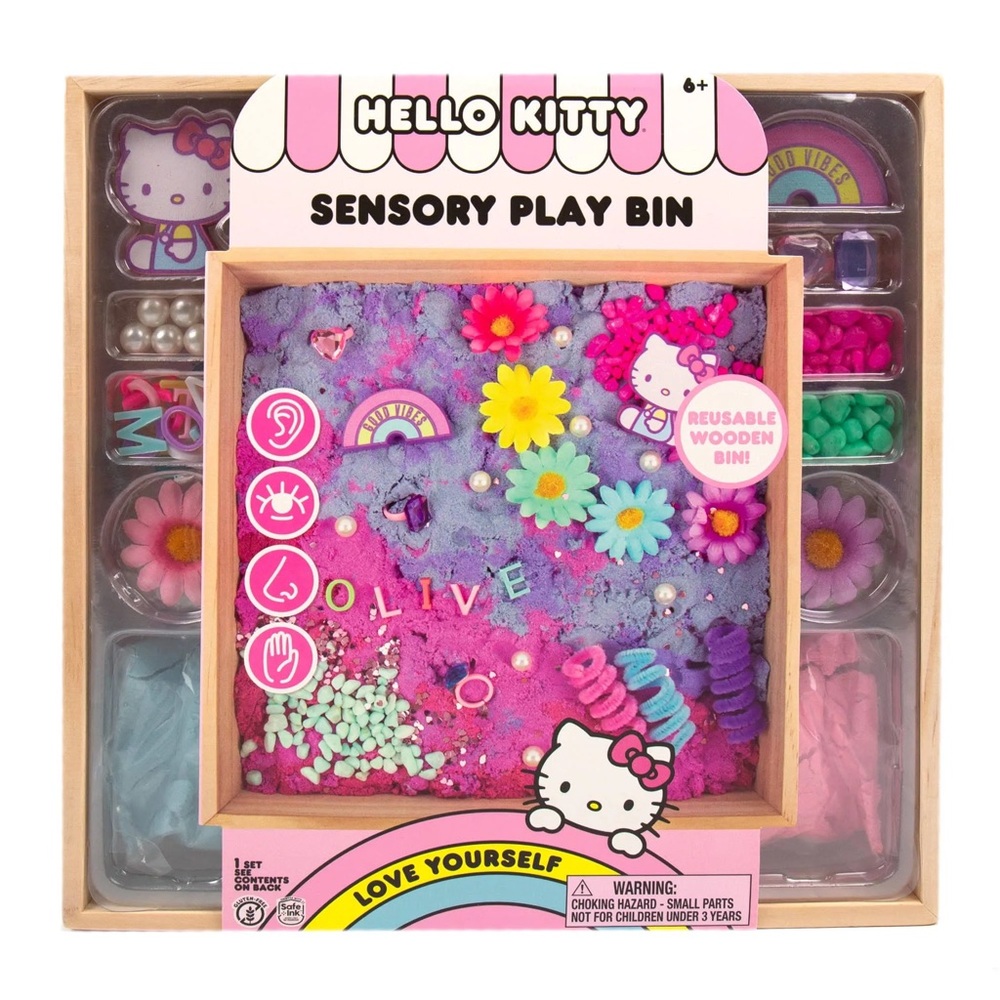 Hello Kitty Sanrio Sensory Play Bin Sand and Rocks In Reusable Wooden Box